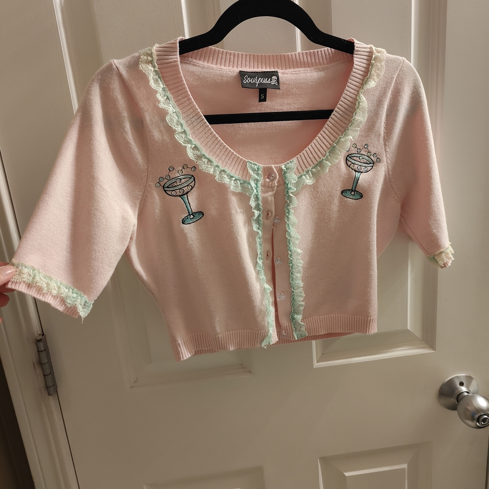 Sourpuss Pink Cropped Cardigan with Mint Trim and Cocktail Embroidery